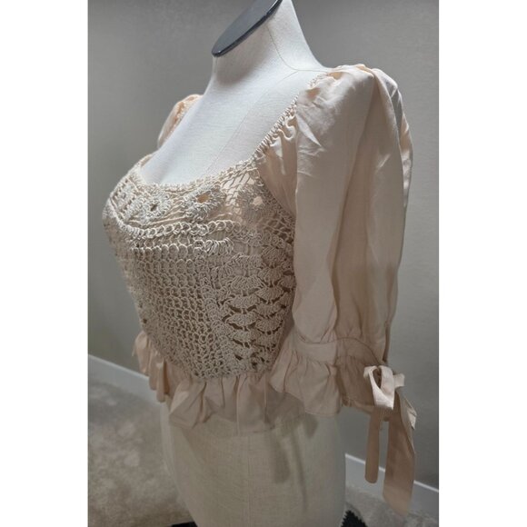 Milk & Honey Beige Crochet Lace Blouse With Puff Sleeves & Tie Back L - Picture 5 of 7